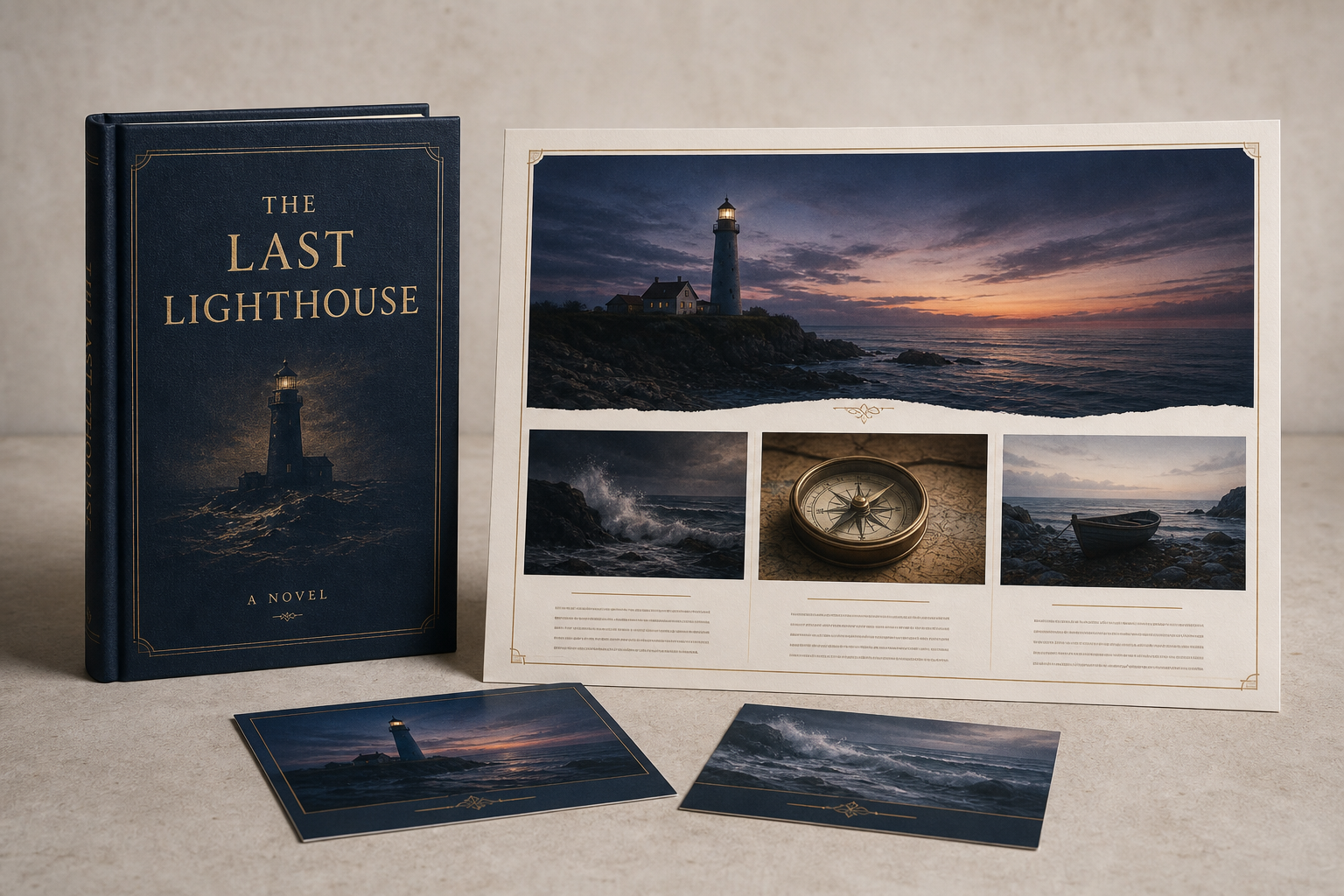 The Last Lighthouse hardcover beside a coordinated panoramic book marketing campaign and feature cards