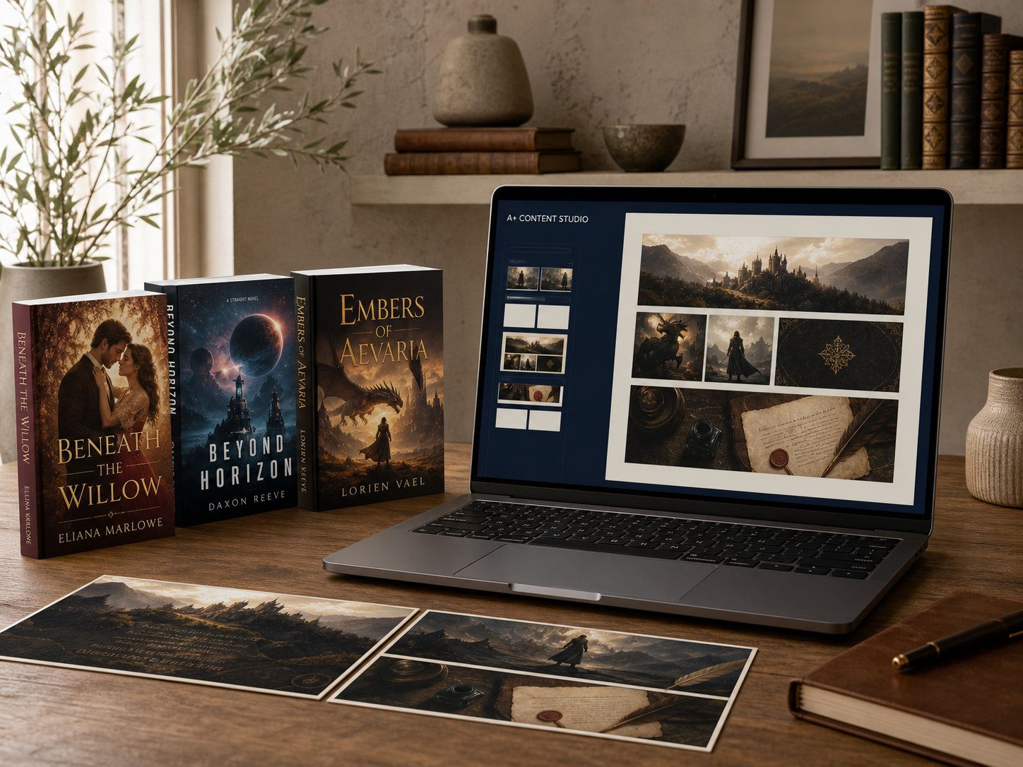 Author workspace with three book mockups and an A+ content campaign displayed on a laptop